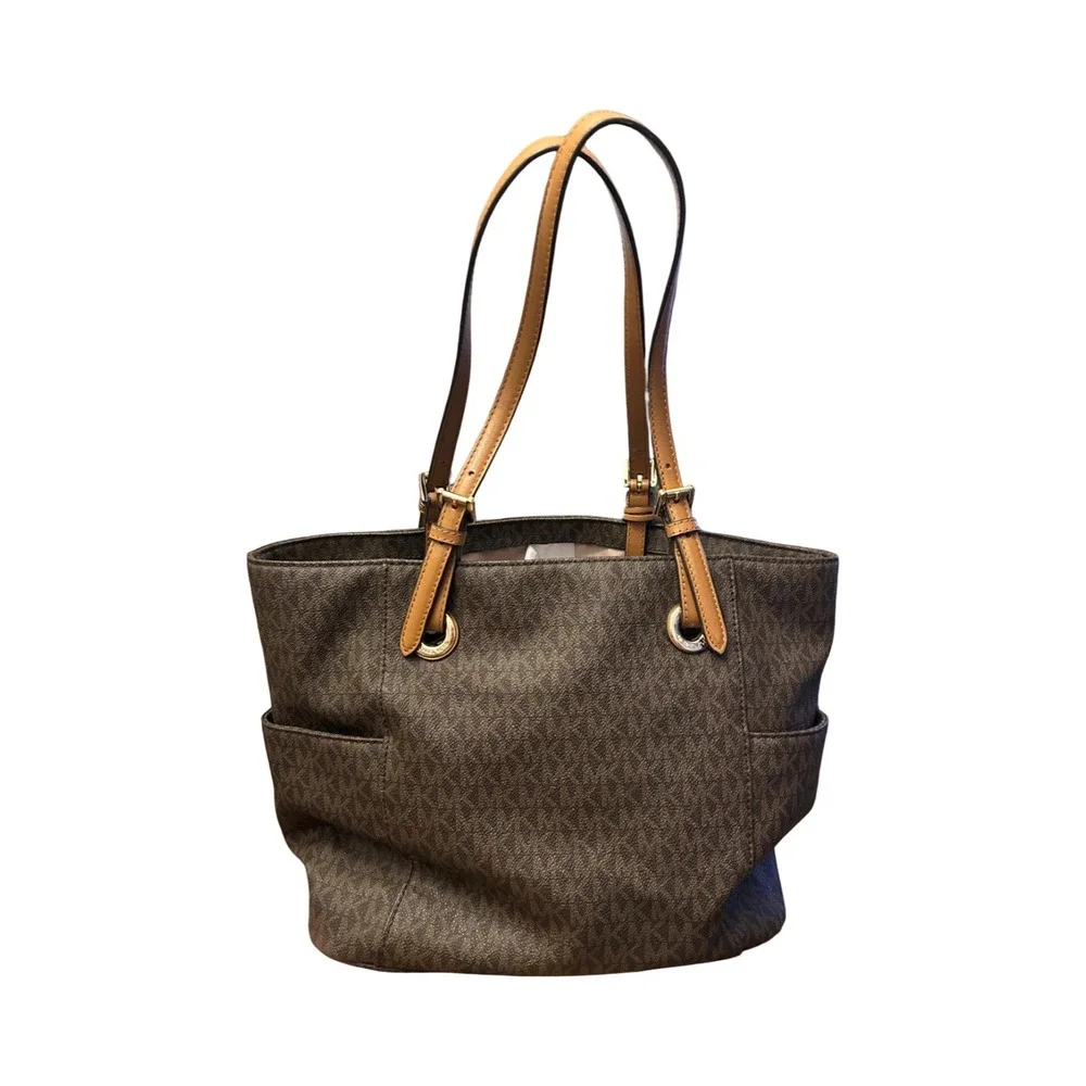 Michael Kors Voyager Brown MK Monogram Signature Tote Bag Gold Hardware